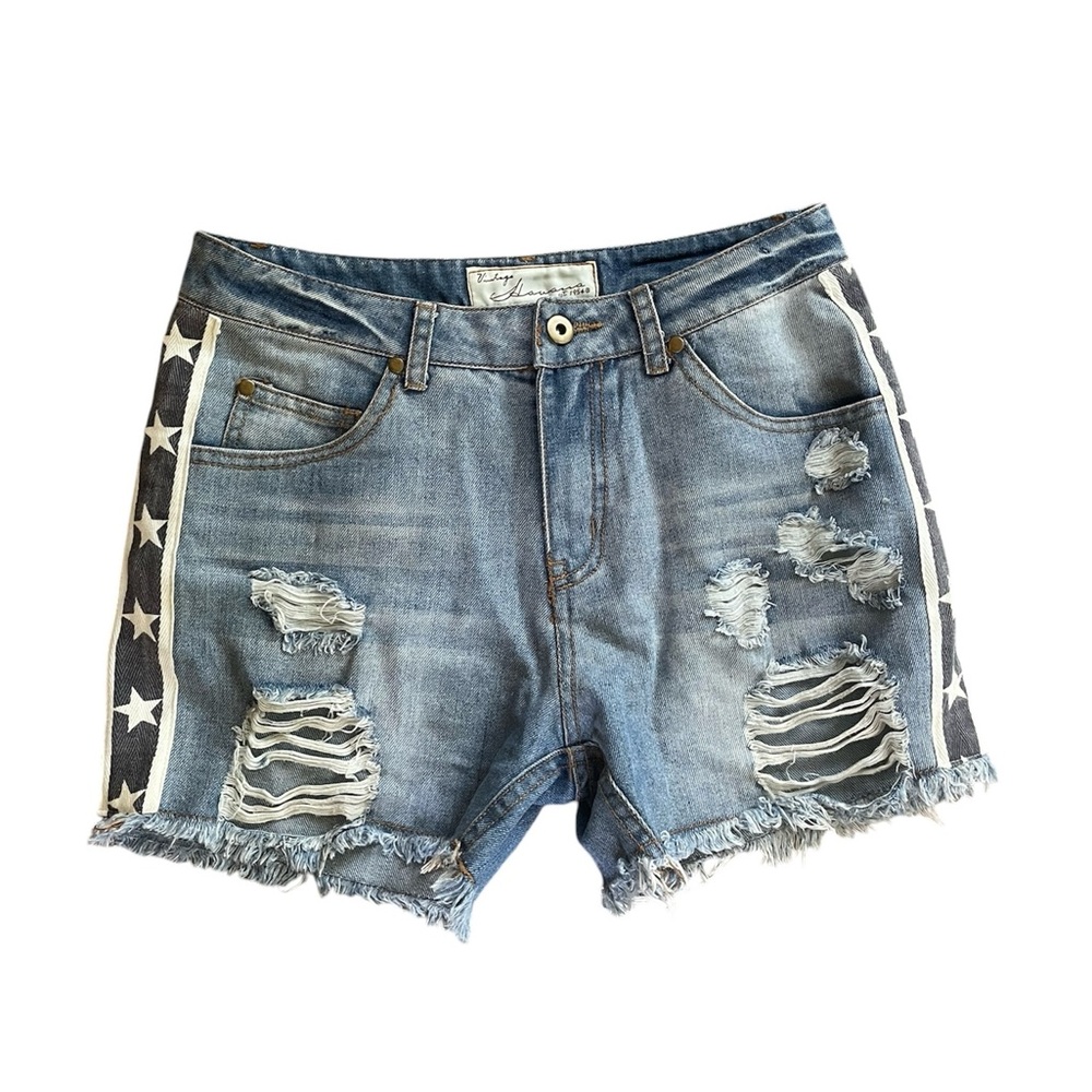 Vintage Havana Distressed Denim Jean Denim Shorts With Star Detail On Sides.